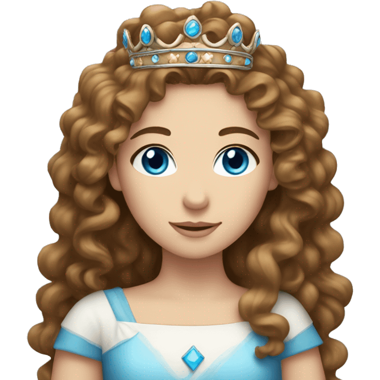 Long Curly brown hair, blue eyed, White girl, wearing a crown  emoji