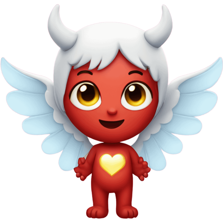 cute devil with halo and angel wings, with hearts emoji