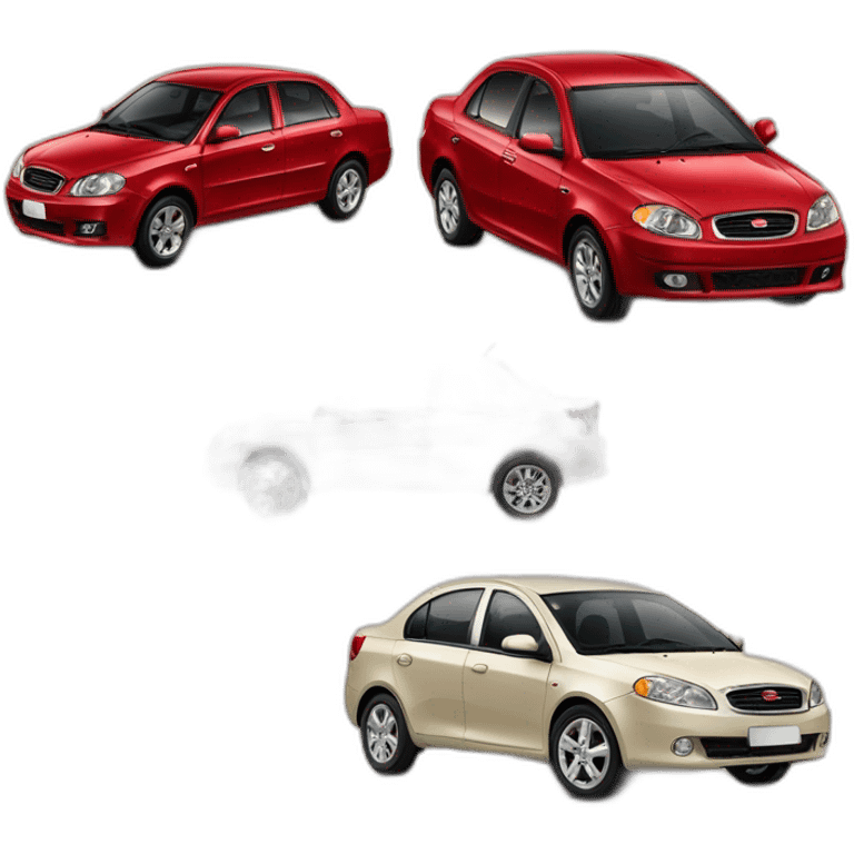 Car Geely CK in beige color next to Aveo in red color emoji