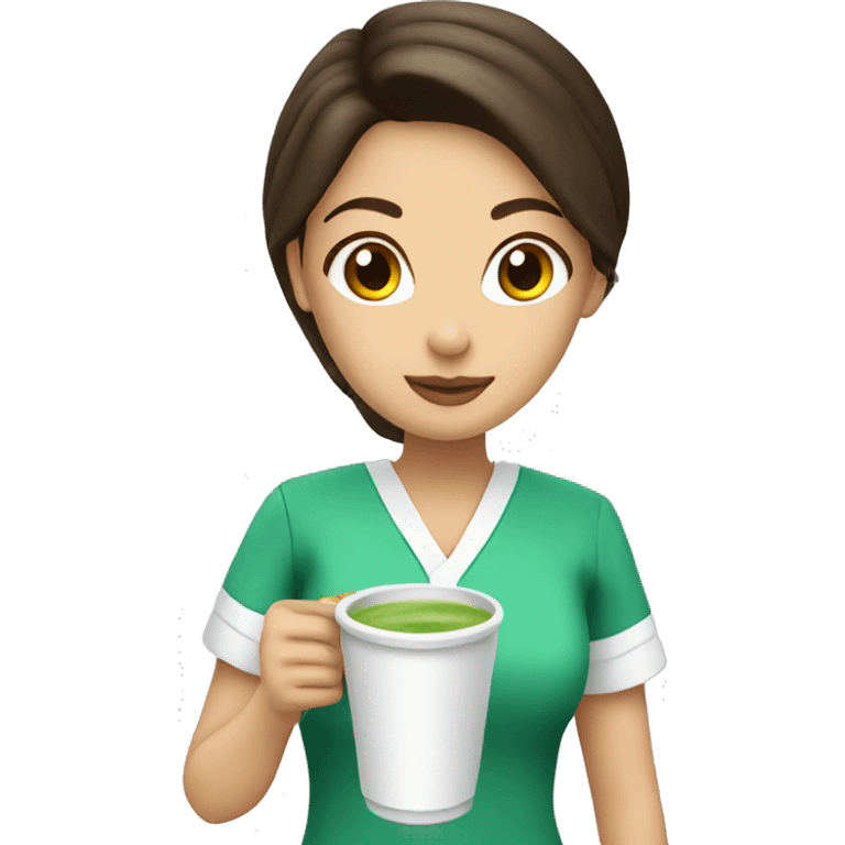 Brunette nurse drinking matcha latte emoji