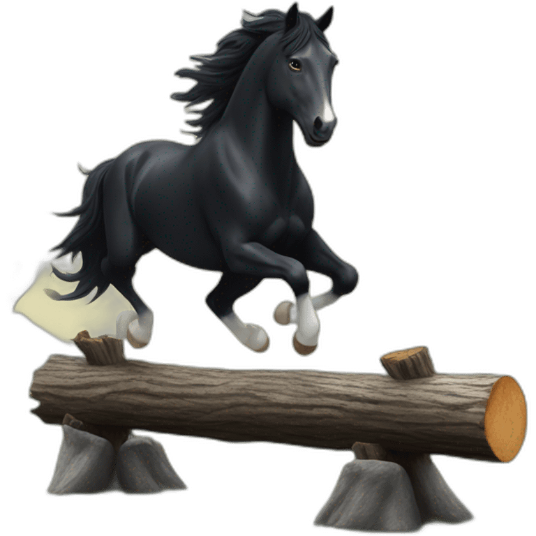 a BLACK HORSE JUMPING A LOG, THE HORSE HAS A WHITE BLAZE AND THREE WHITE SOCKS emoji