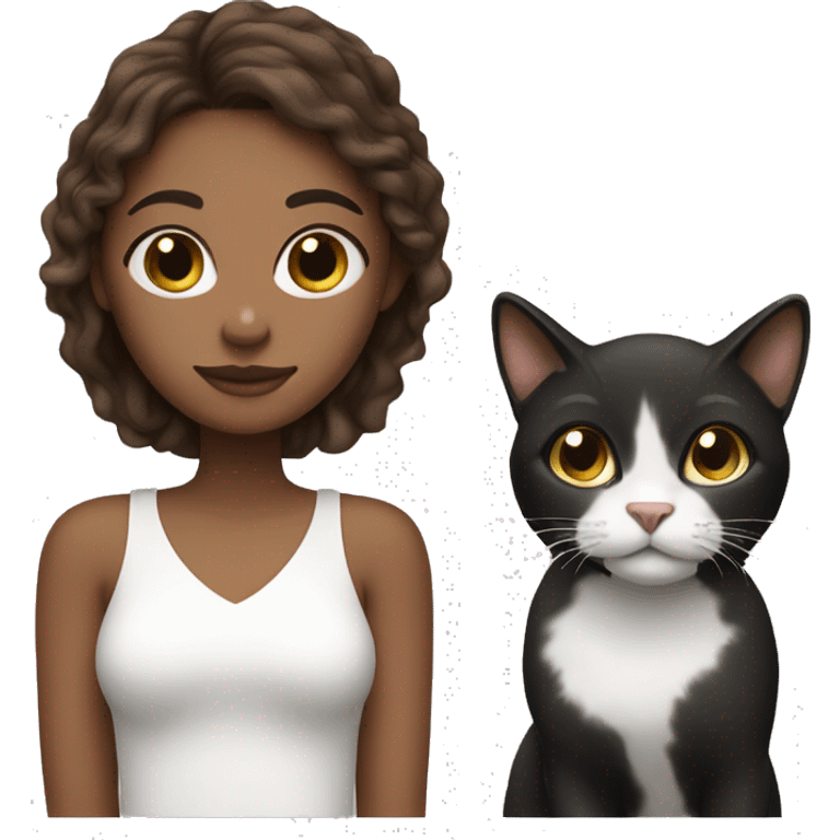 brown hair girl with 2 cats, one completely black and the other one fully white  emoji