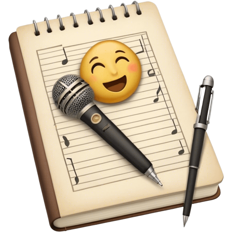 Create an emoji representing songwriting. The design should feature an open notebook or sheet music with visible lyrics between the musical notes, symbolizing the process of writing song lyrics. The text between the notes should be clearly visible. A pen or pencil should be placed near the notebook, indicating active writing. Optionally, include a single vintage microphone lying beside the notebook (not on the music notes) to add a creative touch. Use a harmonious color palette with warm and neutral tones. Do not include any emojis or smiley faces. Make the background transparent. emoji