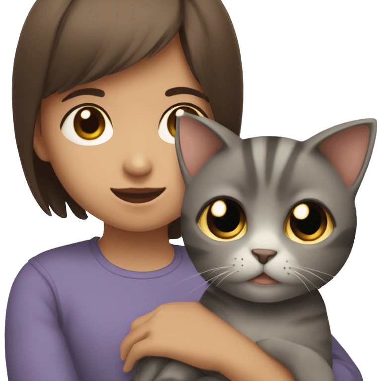 little girl with short brown hair and big brown eyes holding a gray cat in her hands emoji