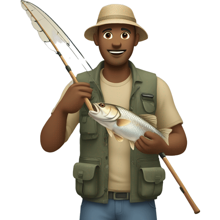 Skin colored man fishing, holding a fish and a fishing rod emoji