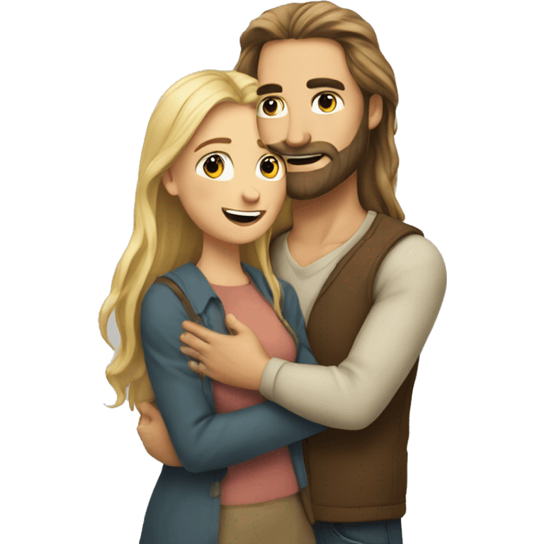 Man with brown long hair with beard hugging girl with long blonde hair  emoji