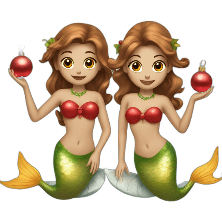 Two brown haired mermaids dressed for Christmas  emoji