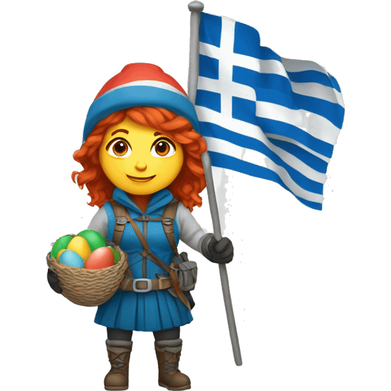 female winter mountaineer red hair holding greek flag and easter egg emoji