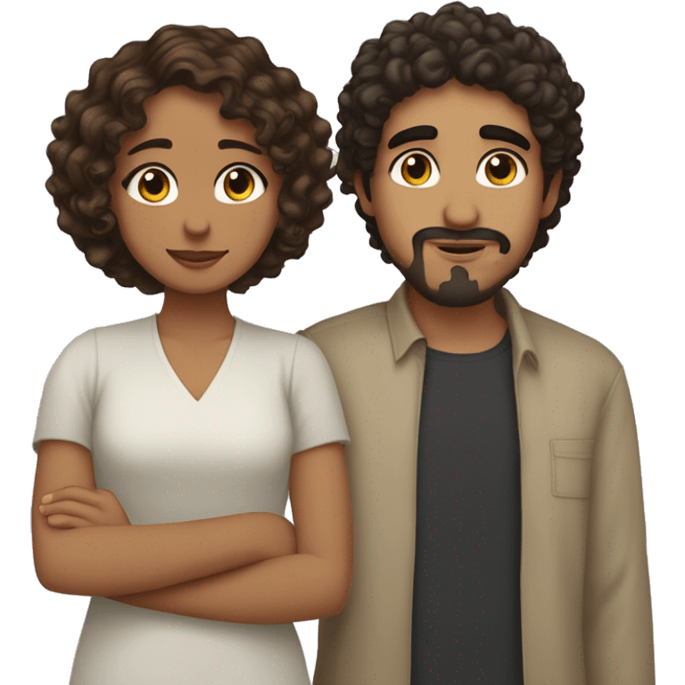 Hispanic girl with fair skin, hazel eyes and dark wavy hair side hugging Arab boy with medium curly hair and a small mustache and goatee emoji