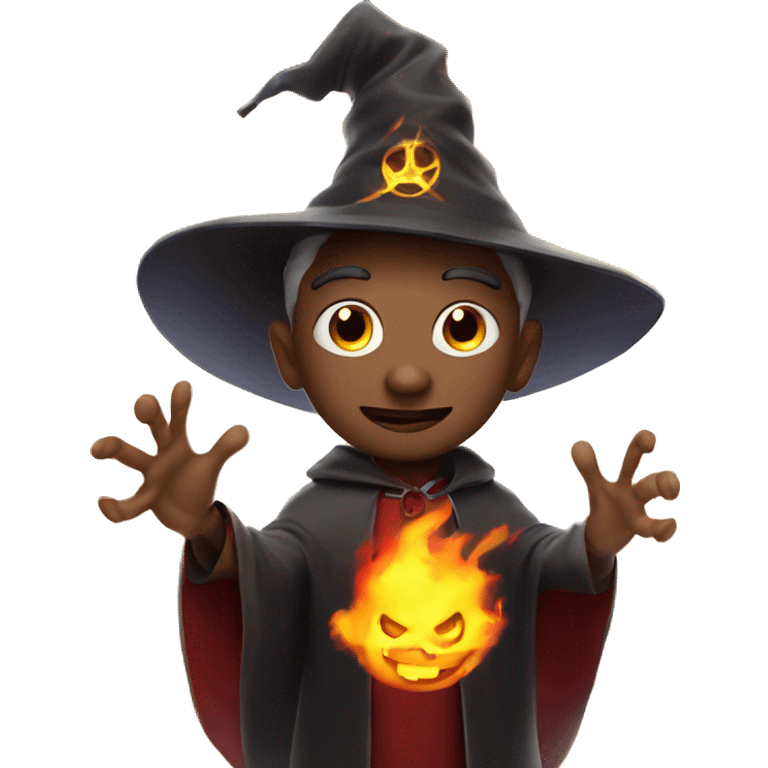 Human demonologist in a wizard costume, surrounded by a fiery halo, Halloween theme, emoji emoji