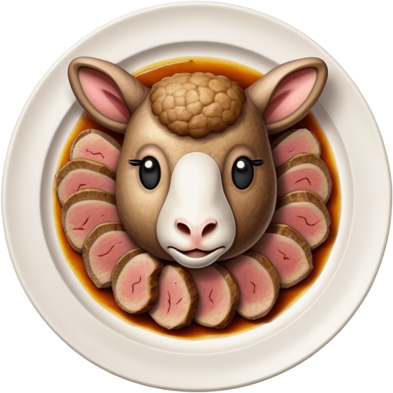 Roast Lamb Cinematic Realistic Roast Lamb Dish Emoji, depicted as thinly sliced roast lamb arranged artfully on a plate, rendered with rich textures and warm, inviting lighting. emoji