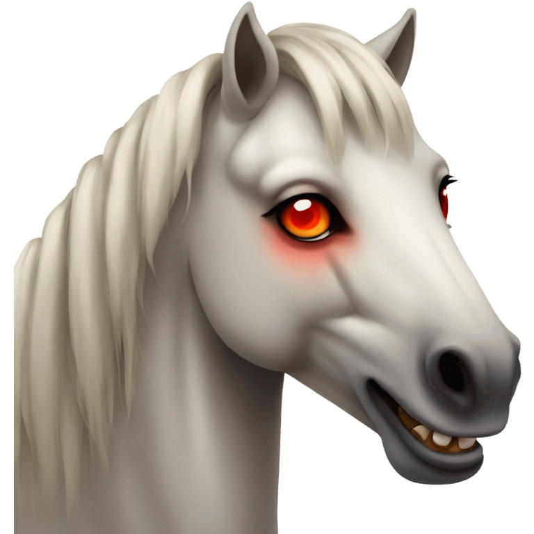 Horse with bright red eyes and tiger canine teeth emoji