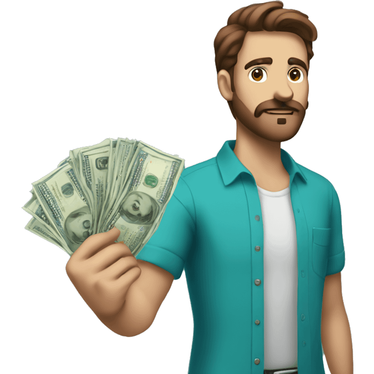 a guy in a teal blue shirt, brown hair, normal beard, brown eyes, normal moustache, and is holding money emoji