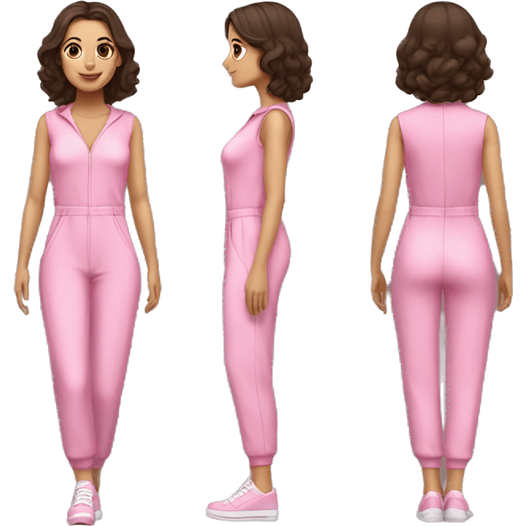 Woman dark brown hair  hazel eyes  pink  full body jumpsuit flying emoji