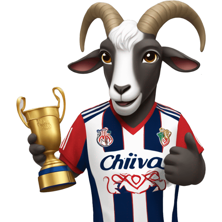 Draw a goat wearing the jersey of Chivas (a Mexican soccer team), holding a trophy in one hand. emoji