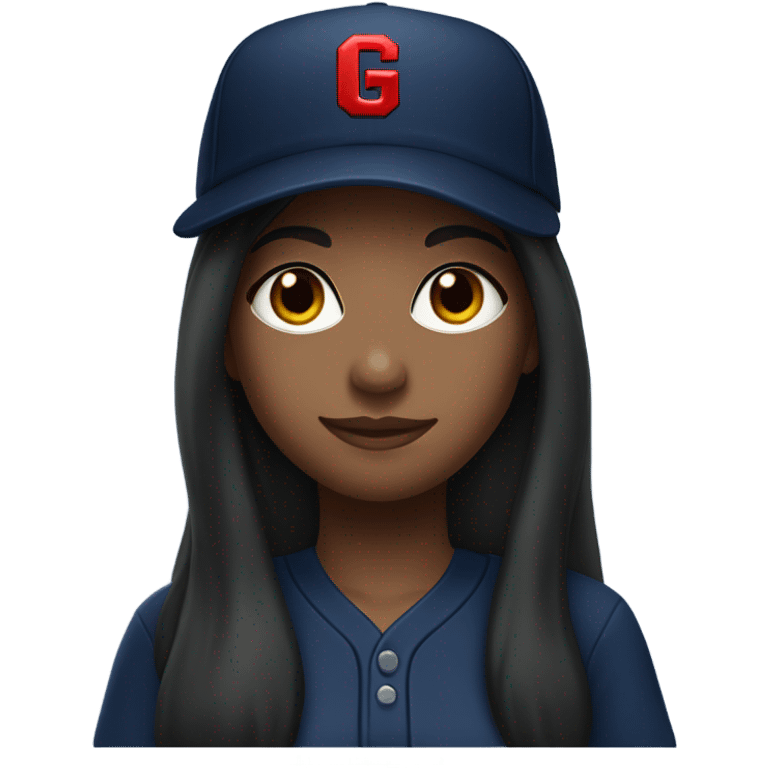 Black long hair girl wearing navy ballcap emblazoned with a red G initial and wearing baseball uniform emoji