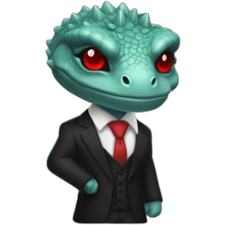 Aquamarine reptilian in classic black suite with red laser eyes on the middle of platinum coin emoji