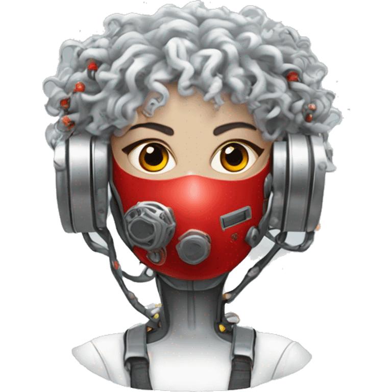 Silver curly hair female cyborg head with red respirator mask and circuits emoji