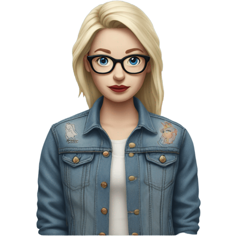 Hyper Realistic pale beautiful tattooed woman with glasses and blue eyes wearing denim jacket emoji