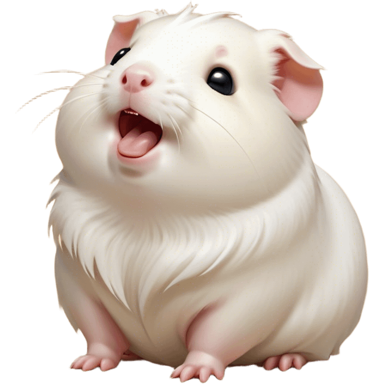 Cinematic Cute Yawning White Guinea Pig Portrait Emoji, Head tilted slightly with a dramatic, wide-open yawn, revealing a soft, downy white coat with tiny drooping ears, round dark eyes barely open in drowsy contentment, Simplified yet irresistibly adorable features, highly detailed, glowing with a soft, cozy glow, high shine, relaxed yet expressive, stylized with a touch of whimsy, bright and endearing, soft glowing outline, capturing the essence of a sleepy yet affectionate guinea pig, so drowsy it feels like it could stretch right out of the screen and curl up for a nap! emoji