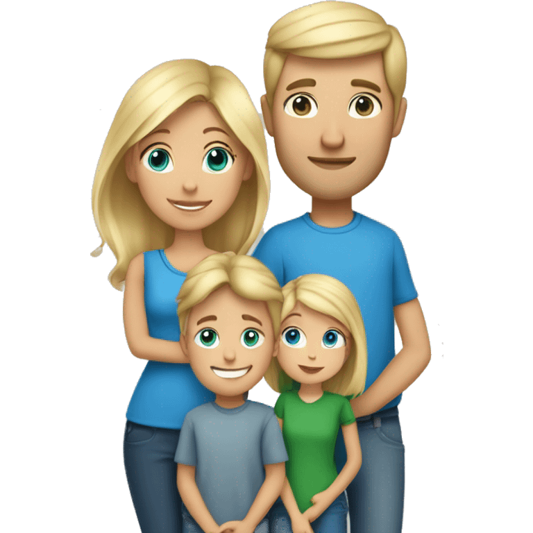 Family of 3. Dad with dirty blonde hair and blue eyes, mom with short blonde hair and green eyes, 4 year old girl with long blonde hair and blue eyes.  emoji