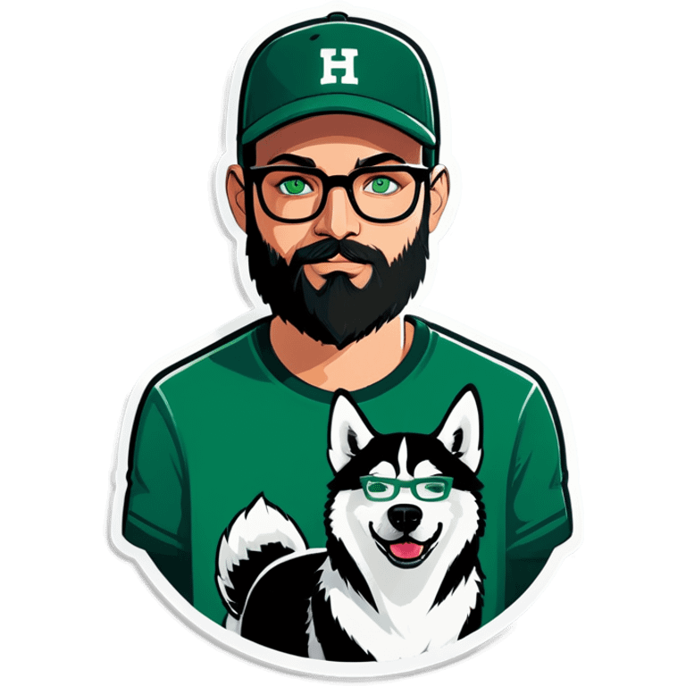 A bold man with a grey baseball cap, green eyes, big beard and glasses holding a husky dog emoji