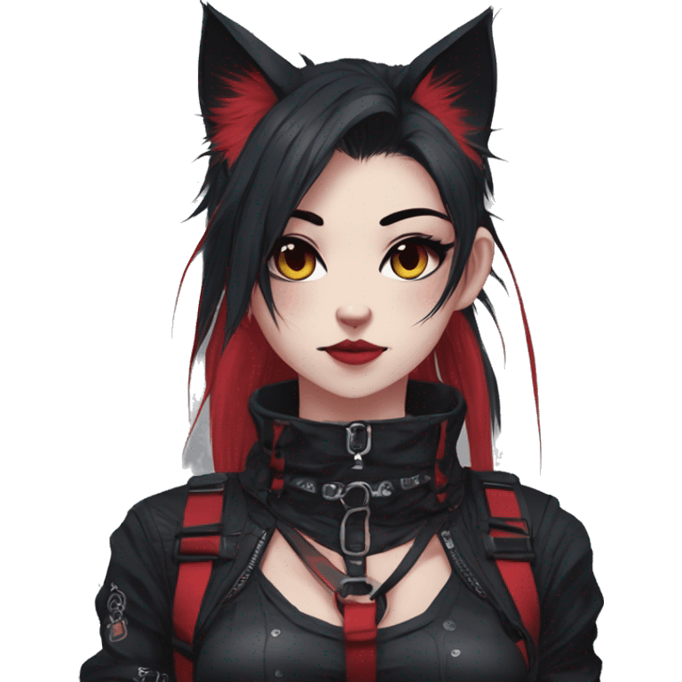 Gorgeous gothic dark techwear anime style anthro cat furry with blushing face aesthetic and pretty edgy black red punk messy ponytail hair with collar and harness trending style emoji