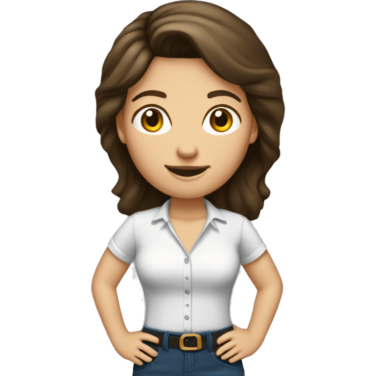 Brunette Caucasian lady who wears a small shirt size and pants size xxl emoji