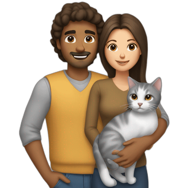 brown man and brunette woman with a gray cat in their arms emoji