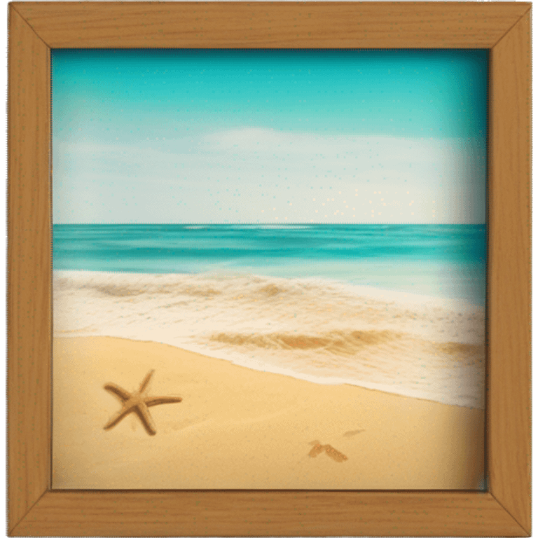 A realistic polaroid photo lying on a wooden surface, with a vibrant picture of a sunny beach scene inside the frame. The photo features a golden sand shoreline, turquoise waves, and a clear blue sky, evoking feelings of nostalgia and wanderlust. emoji