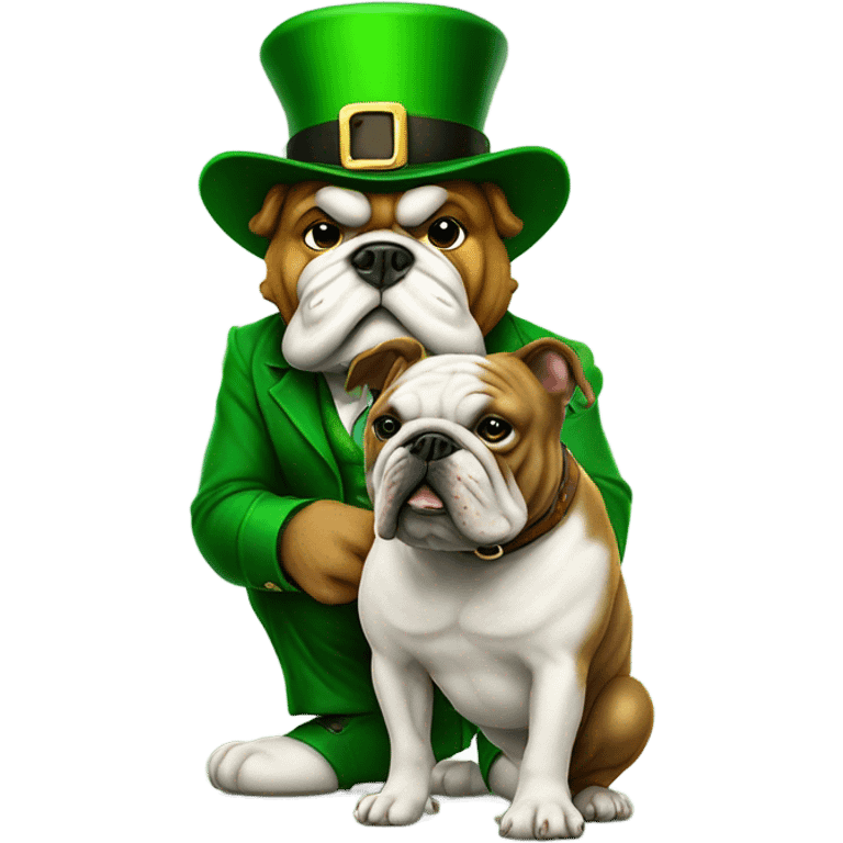 Leprechaun with one foot on a bulldog emoji