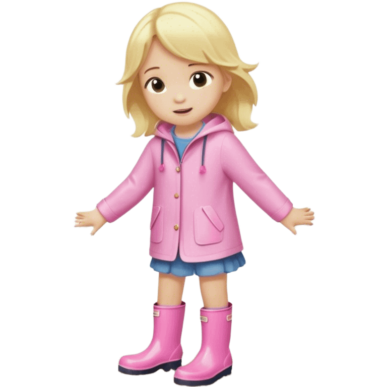 Blonde little girl in light pink rain boots splashing in a puddle emoji