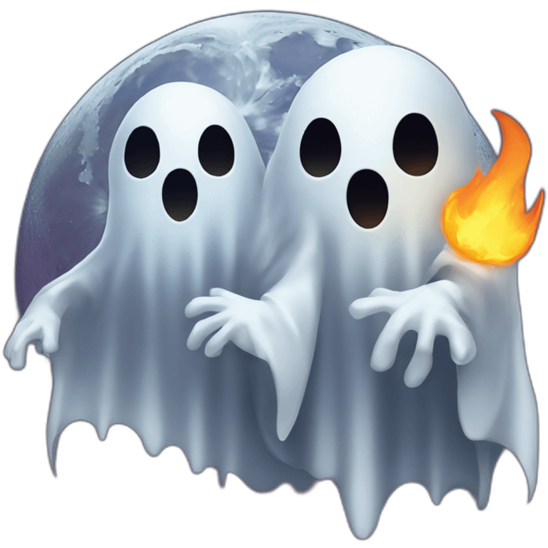 ghosts holding hands on fire with full moon and bats emoji