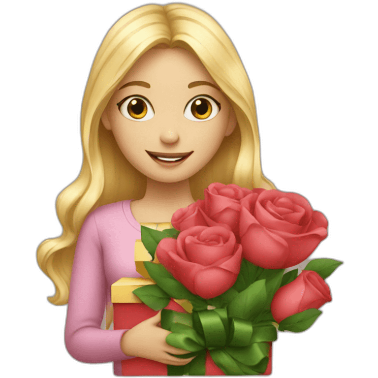 Blond girl with gift and flowers emoji