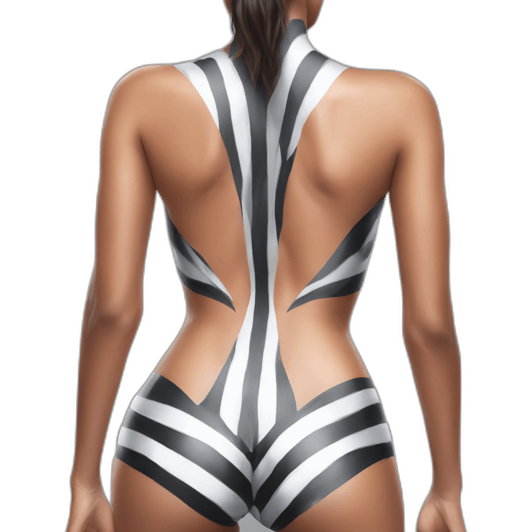 Hyper-realistic tall fitness model in striped body paint from behind emoji