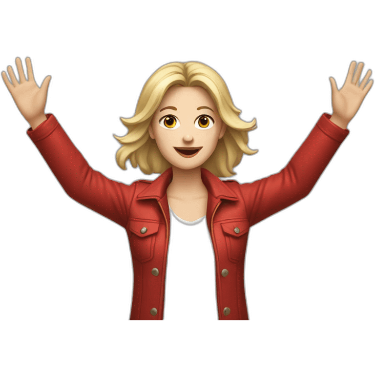 Young white woman, wearing white shirt and red jacket, both hands up  emoji