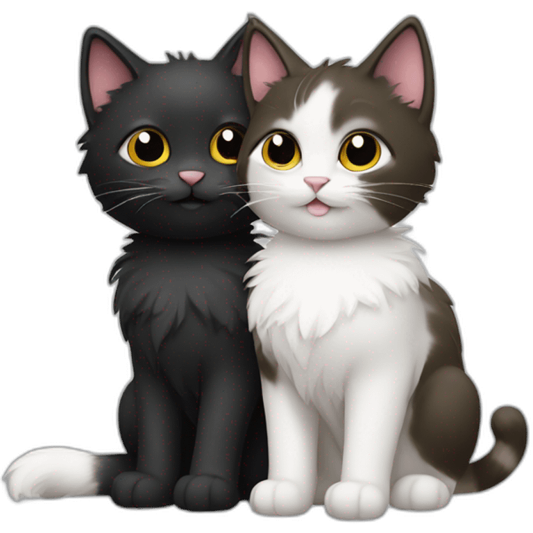 Two cute fluffy cats one black and one white kissing emoji