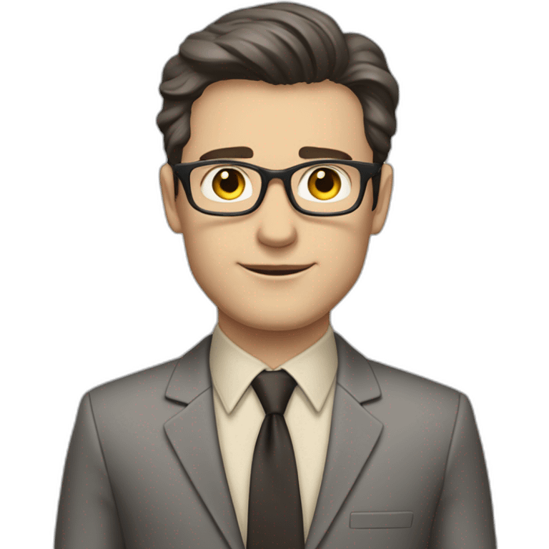 Full height Pale skinned Fit Man With dark brown hair in classic gray suit, beige office shirt, dark gray tie, and vintage glasses. His hands lock emoji