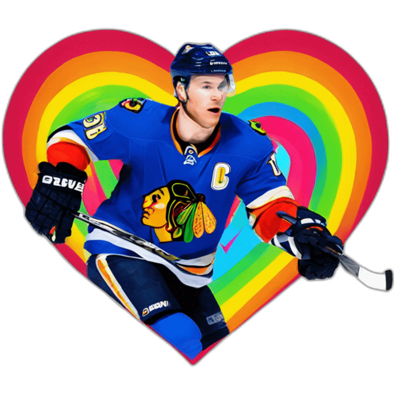 Jonathan Toews inside a rainbow heart emoji