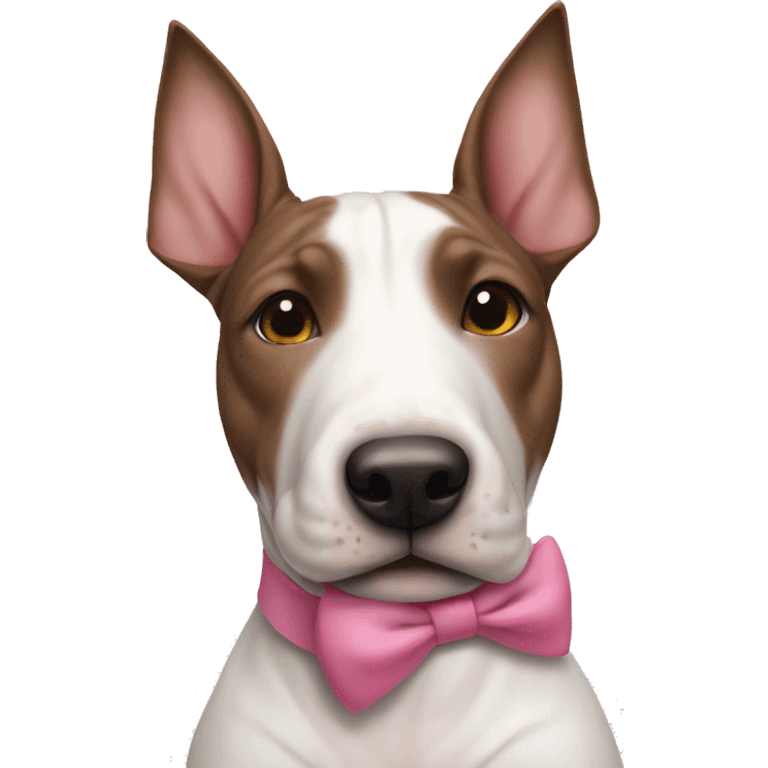 female mostly brindle bull terrier with small amount of white around nose and a pink bow around neck emoji