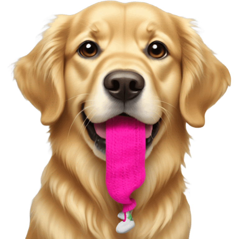 Golden retriever with sock dangling from mouth emoji