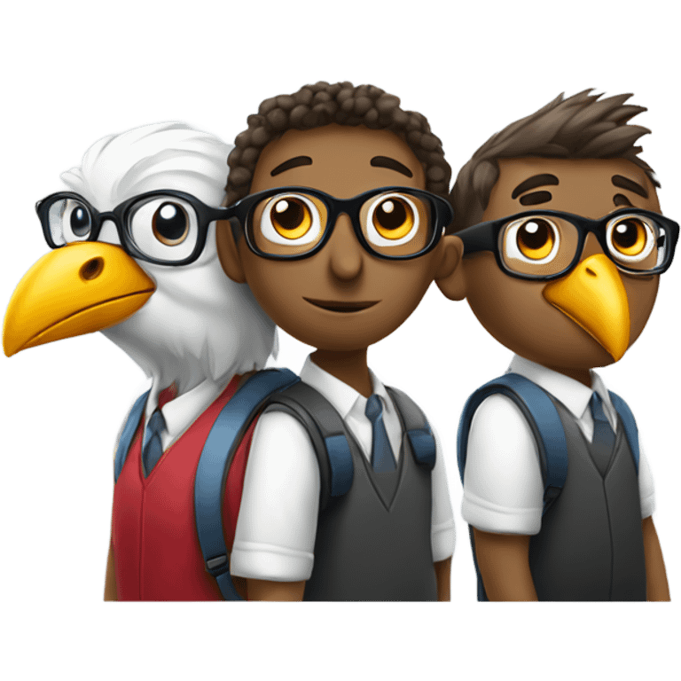 three birds in a school studying but only one of them is learning and wearing glasses emoji