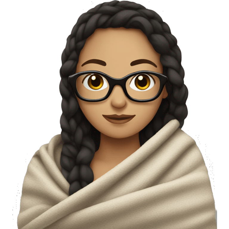 blanket wrapped around a brunette girl with black glasses emoji