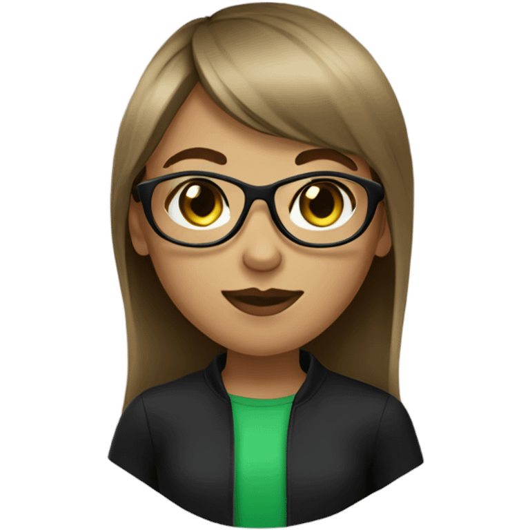 a girl green eyes, brown light hair with bangs and wearing black glasses emoji