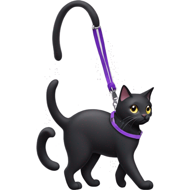 Black cat going for a walk with a purple leash emoji