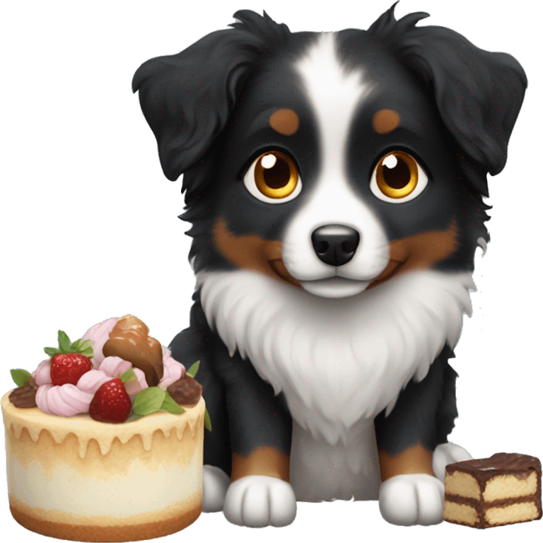 Small black australian shepherd dog with dessert  emoji