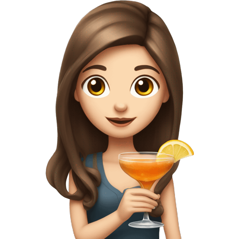 White cute girl with long brown hair holding a cocktail emoji