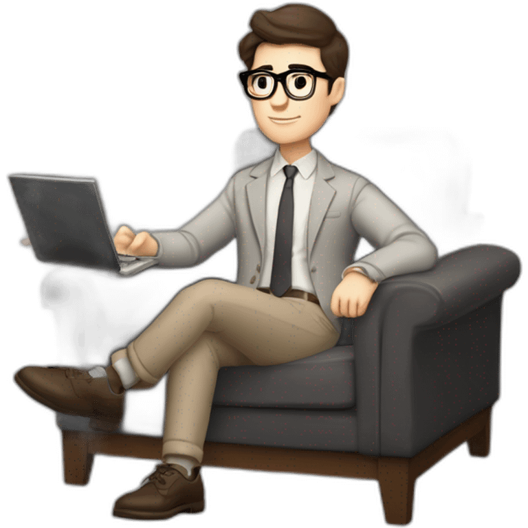 Pale skinned Fit Man With dark brown hair in gray jacket, beige office shirt, Brown pants and vintage glasses sitting In a soft chair with a notebook on spring with emblem Ψ and a pen emoji