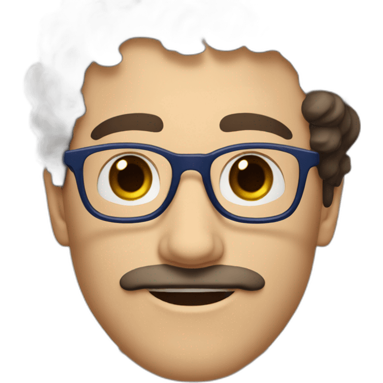 white man with short curly dark brown hair, blue small eyes, round eyeglasses and a brown mustache emoji