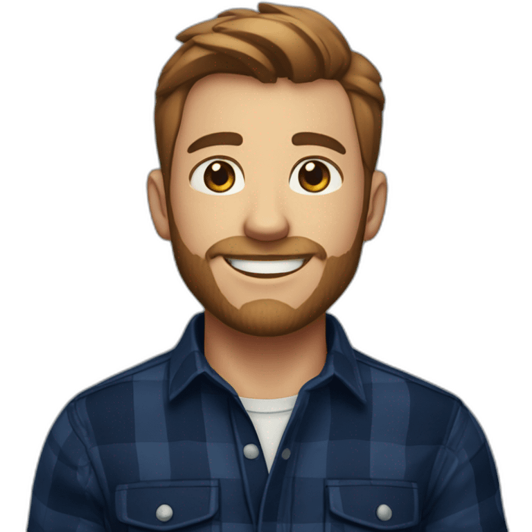 A young man with a well-defined light beard, neatly trimmed short brown hair, exuding confidence, clad in a navy blue checked flannel shirt. emoji